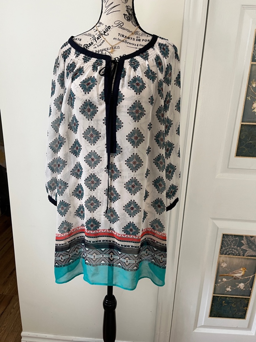 Daniel Rainn White Tunic with Teal Border and Navy Trim